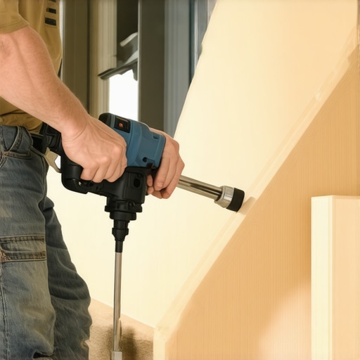 A person operating a pneumatic nailer to embed nails in hardwood stairs, ensuring a clean finish.