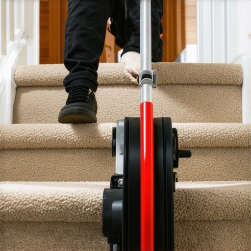 Technician stretching carpet on staircase with power stretcher to remove ripples and bulges