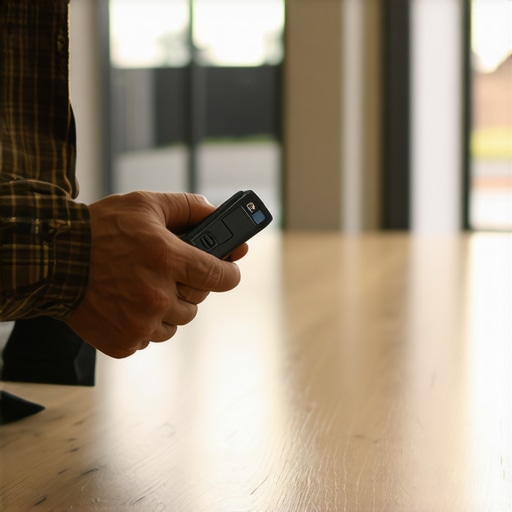 A person testing the moisture level of a wooden floor with a digital moisture meter