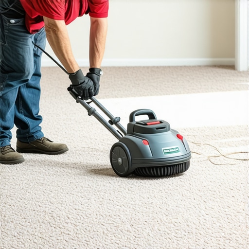 A person stretching a carpet with a power stretcher in a living room