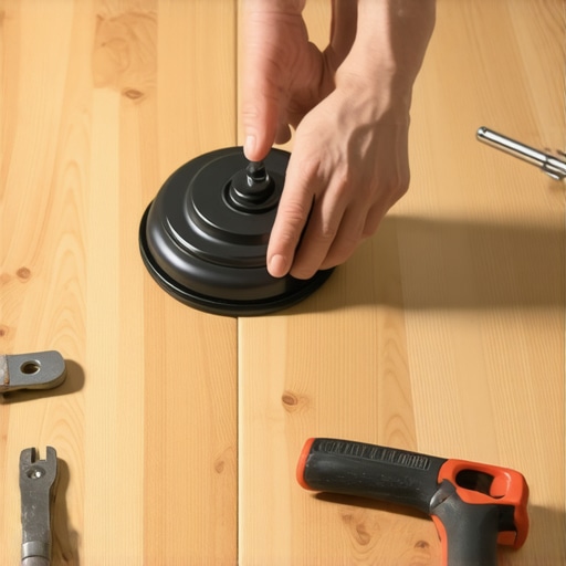 Using a suction cup to remove vinyl plank Hand preparing to lift vinyl plank with suction cup, showing tools on floor.