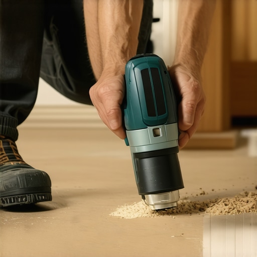 A handyman with a multi-tool repairing baseboards in a modern home.