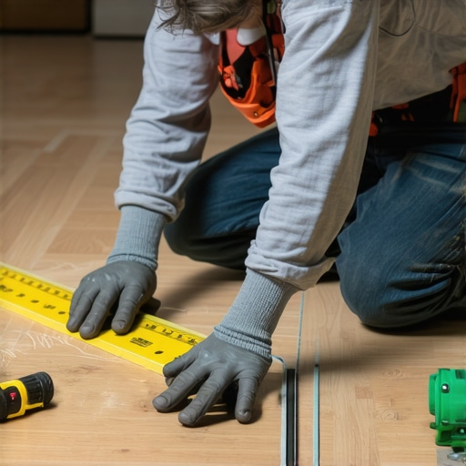 Advanced flooring installation techniques in action Professional installer measuring and preparing a subfloor for flawless flooring