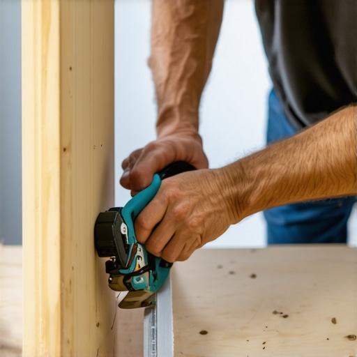 Person carefully beveling the back edge of a wooden baseboard with a hand saw