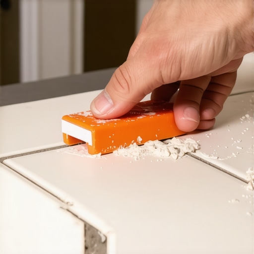 A technician spreads grout between tiles in a bathroom shower