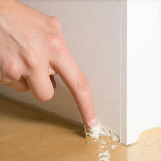 Hands applying wood glue to the joint of mitered baseboards with finger for better adhesion