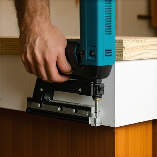 Applying the 2-pin nail method for perfect corner joints Person using a nail gun and spacer to secure a baseboard corner