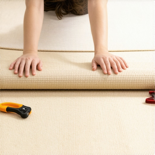 Installer demonstrating the reverse-roll method to relax carpet fibers and prevent wrinkles.