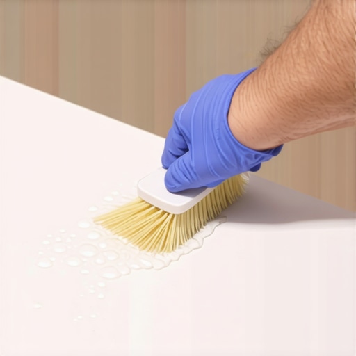 A person carefully brushes liquid waterproof membrane onto a shower bench to prevent leaks.