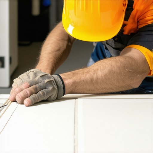 A professional tiler carefully analyzing tiled surface for gaps and alignment before finishing