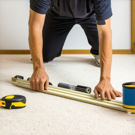 Carpet Installation in Progress Professional carpet installer measuring and cutting carpet with tools