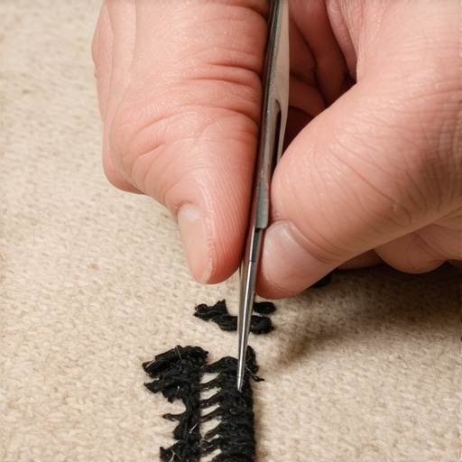 Person repairing a carpet snag with scissors and needle, close-up of fibers and repair tools.