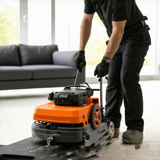 Technician using a power stretcher to tauten carpet during installation
