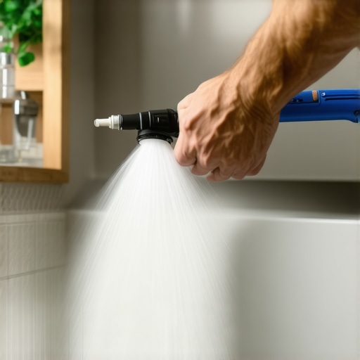Homeowner steaming bathroom tiles to prevent mold buildup