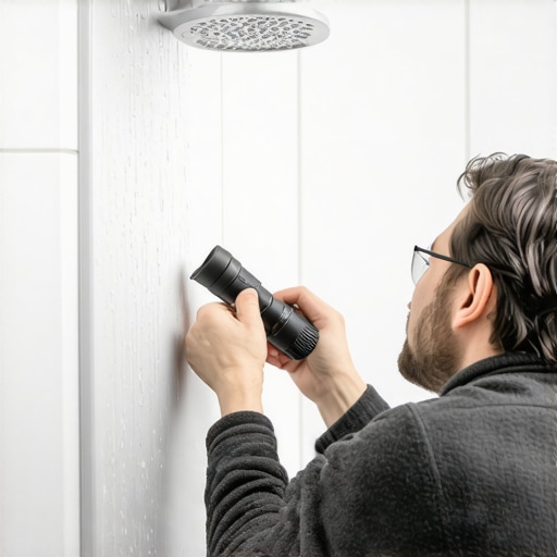 Homeowner inspecting grout and seals in the bathroom for early signs of wear.