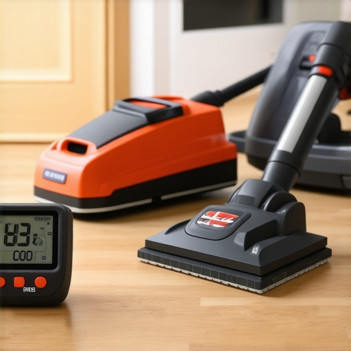 Essential Tools for Floor Maintenance Professional tools like moisture meter, vacuum, and sander for flooring upkeep in a contemporary home