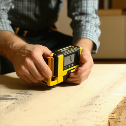 Essential Tools for Home Maintenance Handyman checking moisture levels with a digital meter and using a laser level during home repair.