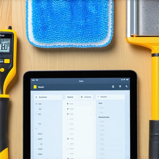 Essential Tools for Home Maintenance Handheld moisture meter, scraper, microfiber mop, and tablet showing maintenance planning for flooring and shower care.