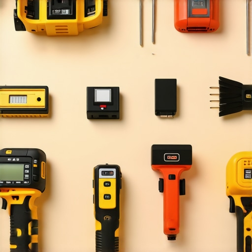Essential Tools for Home Maintenance A collection of professional tools including a laser level, moisture meter, and cleaning equipment arranged neatly.