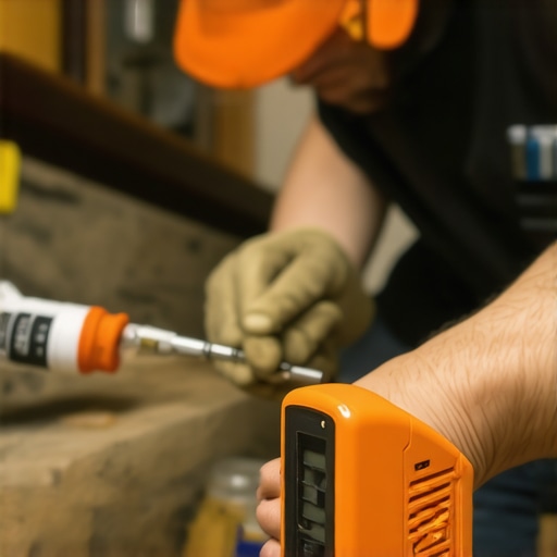 Essential Tools for Home Maintenance Longevity Person inspecting flooring with a moisture meter and applying sealant in a bathroom