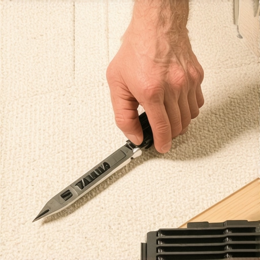Executing the Double-Cut on Carpet Edges Person carefully making a double cut along marked lines on carpet edges using a utility knife, with measuring tape and straightedge in background