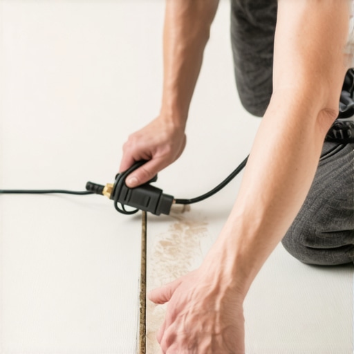 Person applying gentle heat to vinyl flooring to expand the planks
