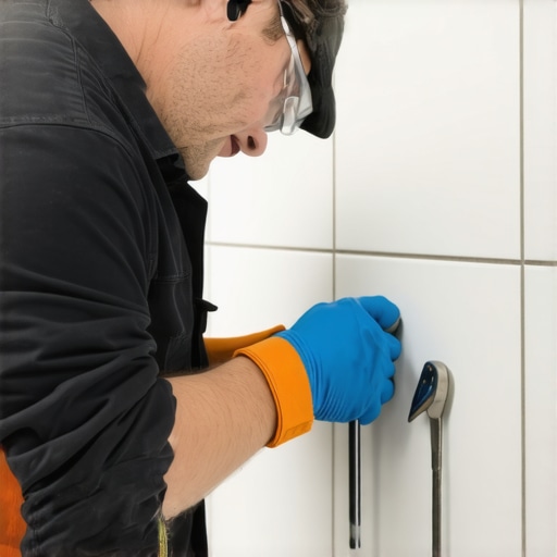 Person using a moisture meter and caulking gun to maintain bathroom tiles and shower sealing