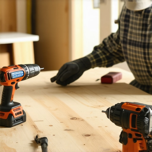 A person using a moisture meter and cordless drill during flooring and shower maintenance in a well-lit workspace