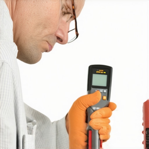 Homeowner with Moisture Meter and Caulk Gun A homeowner measuring moisture levels and sealing gaps around baseboards with precise tools
