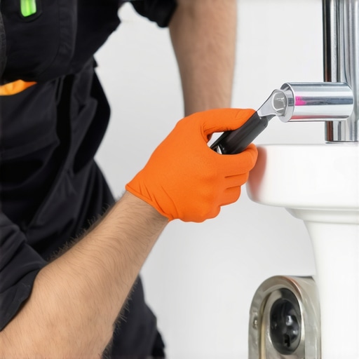 Plumber checking the bathroom sink drain with a flashlight and tools