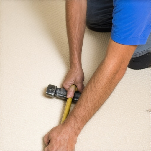 Person carefully lifting carpet edge to examine underlying padding for lumps and unevenness