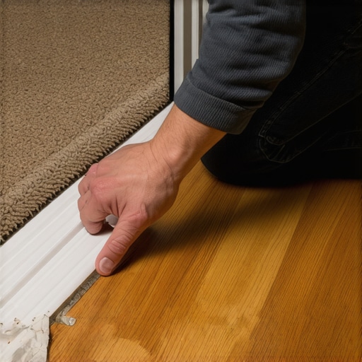 Detailed image showing the process of securing a Z-Bar transition strip between carpet and hardwood flooring