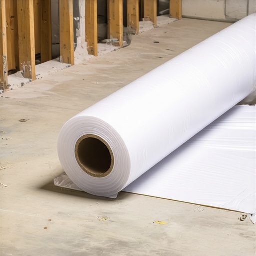 Worker laying polyethylene vapor barrier over concrete slab for moisture protection in basement