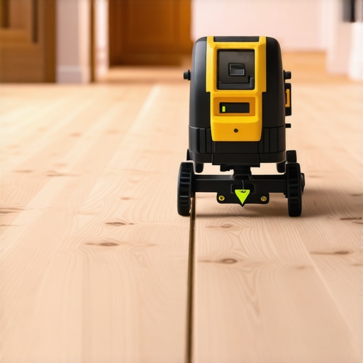 Laser Level in Action for Flooring Alignment A professional using a laser level to align hardwood flooring in a spacious living room