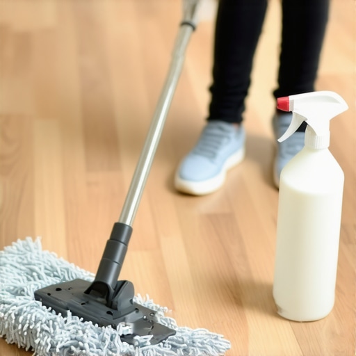Person cleaning hardwood floors with microfiber mop and cleaning spray