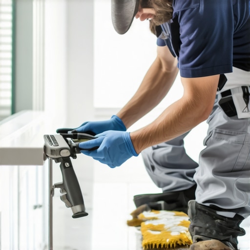 Maintenance Tools for Flooring and Shower Care Person using precision tools like a laser level and grout squeegee to maintain flooring and showers.