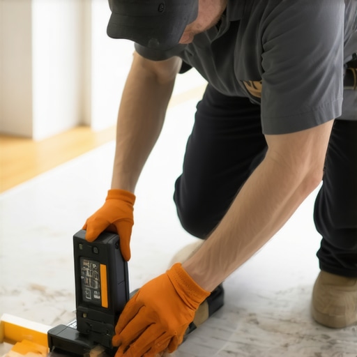 Maintenance Tools for Flooring and Shower Care Handyman measuring moisture levels and leveling a bathroom floor with advanced tools.