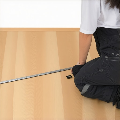 Person marking a wooden floor with chalk for flooring installation