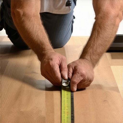 Measuring for Expansion Gaps in Flooring An installer using a tape measure to check expansion gaps in a hardwood floor.