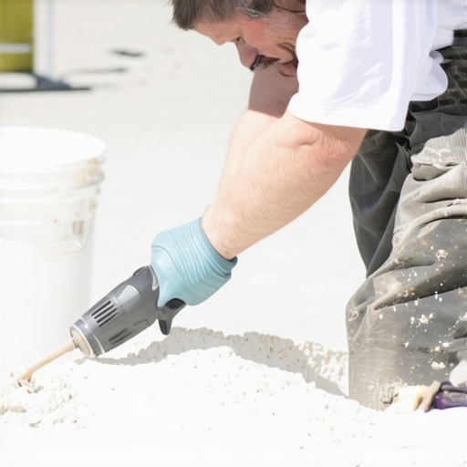 Close-up of grout being mixed with additive using a drill in a bucket.