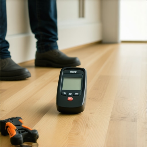 Moisture Meter Testing Subfloor Moisture A homeowner using a moisture meter to check subfloor moisture levels before flooring installation.