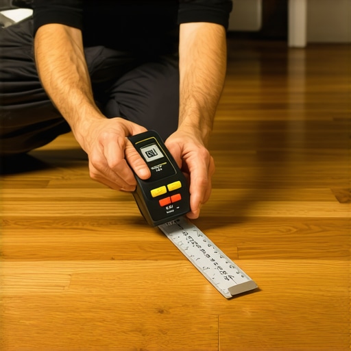 Moisture Meter for Floor Maintenance Technician checking moisture levels on a wooden floor using a digital moisture meter.