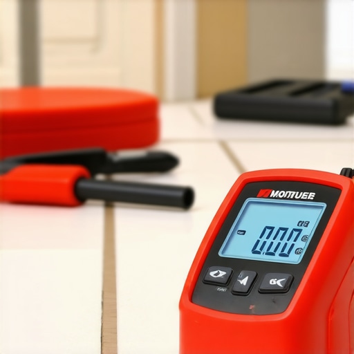 Monitoring Moisture Levels with a Digital Meter A hand holding a moisture meter testing a bathroom floor for moisture levels, highlighting professional maintenance tools.