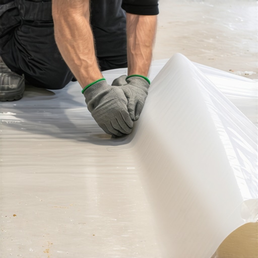 Person placing plastic sheet on concrete floor for moisture testing