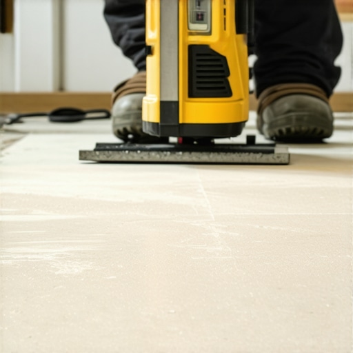 A worker aligning tiles with a laser level and smoothing grout with a float