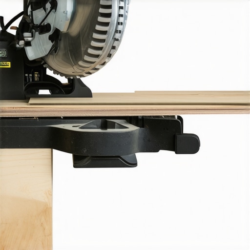 Close-up of a miter saw with back-bevel angled blade preparing to cut a baseboard for tight corner fitting.