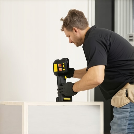 Precision Baseboard Installation with Laser Level Technician aligning baseboards perfectly using a laser level