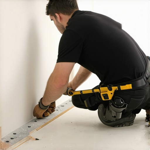 Precision Flooring Installation Professional installer measuring wall for accurate flooring and baseboard installation.