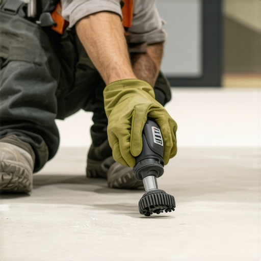 A handyman using a multi-tool to carefully repair and maintain flooring and grout lines.