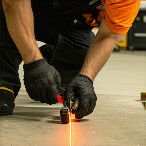 Precision Tools for Home Maintenance A handyman using a laser measure to evaluate room dimensions with various power tools around